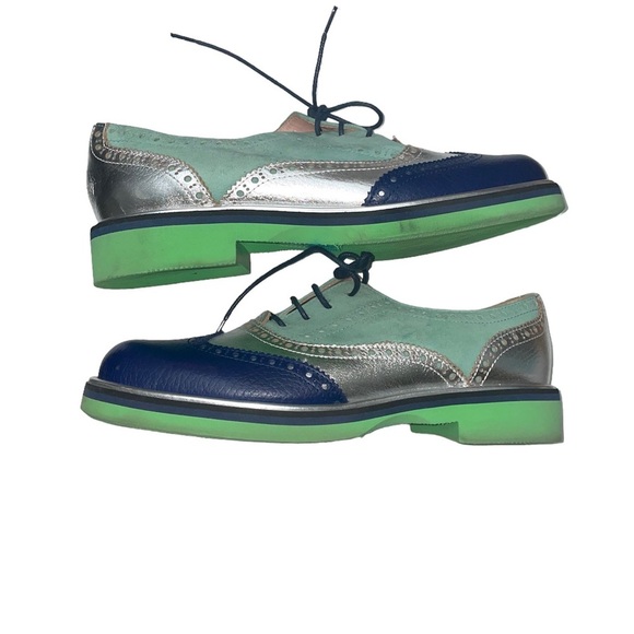 POLLINI Lace-up Leather Blue Green Silver Loafers Size 7 - Picture 4 of 7